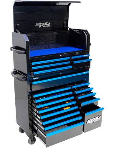 410 PC TOOLKIT IN CUSTOM SERIES ROLLER CAB 14 DRAWERS BLACK/ BLUE + TOPBOX