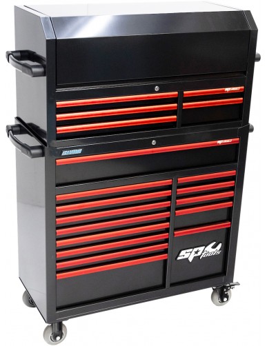 410 PC TOOLKIT IN CUSTOM SERIES ROLLER CAB 14 DRAWERS BLACK/ RED WITH TOPBOX